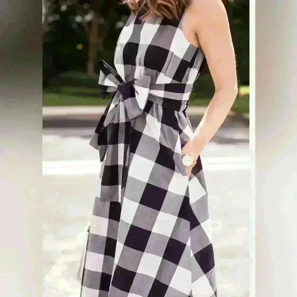 Ann Taylor Cotton Black White  Gingham Midi Dress‎ Plaid Sleeveless size MPetite - Picture 4 of 13
